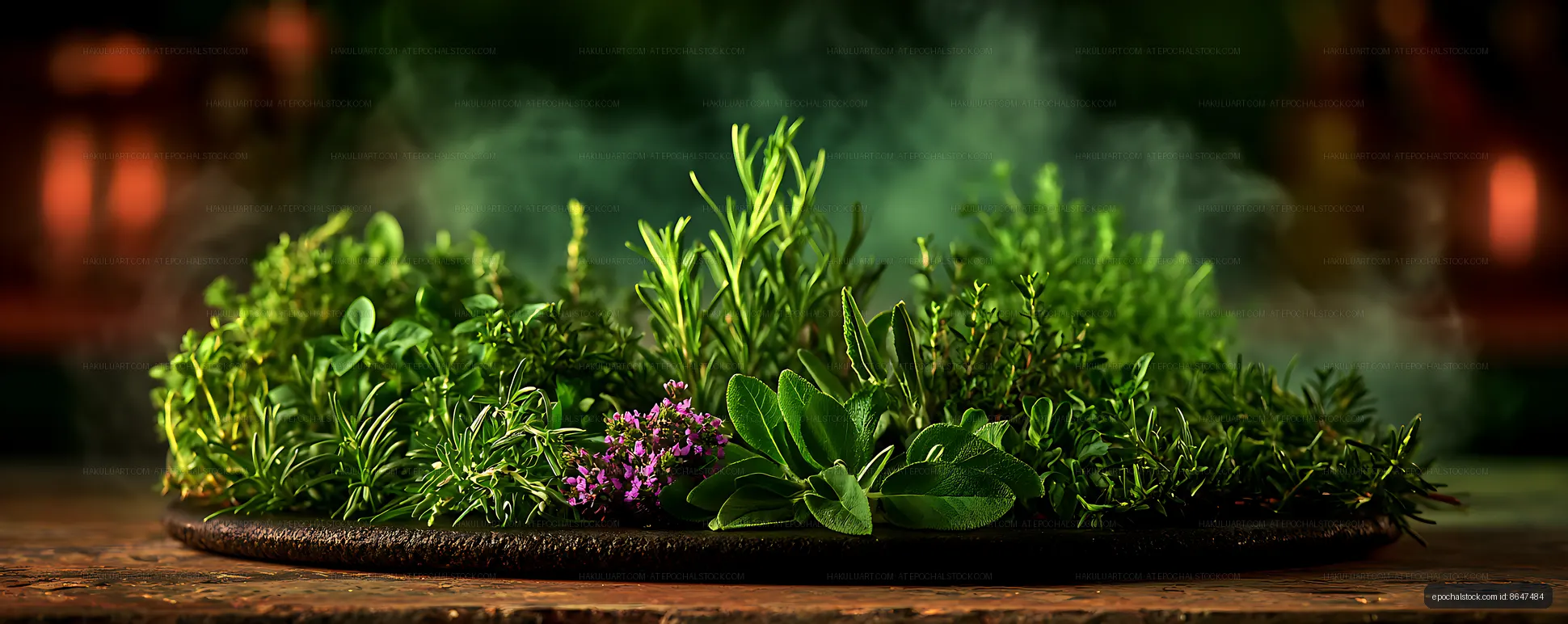 Lush green herb arrangement on a dark rustic board