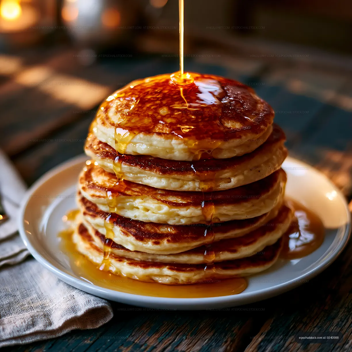 Golden pancakes topped with maple syrup