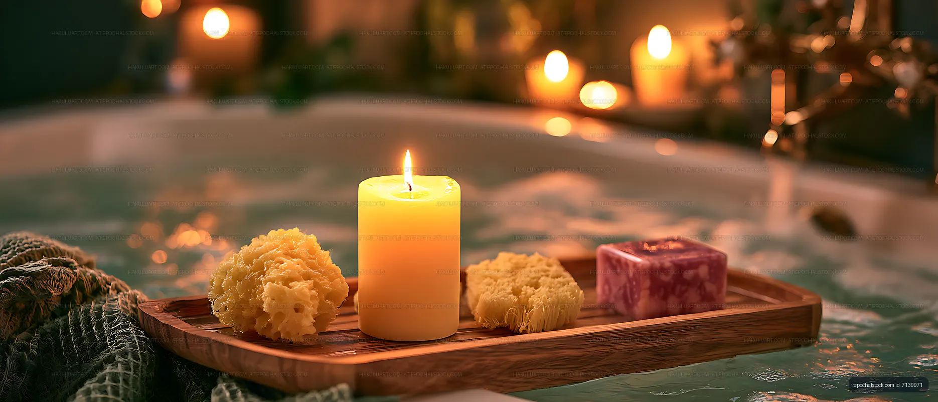 Relaxing spa arrangement with candle and handmade soaps