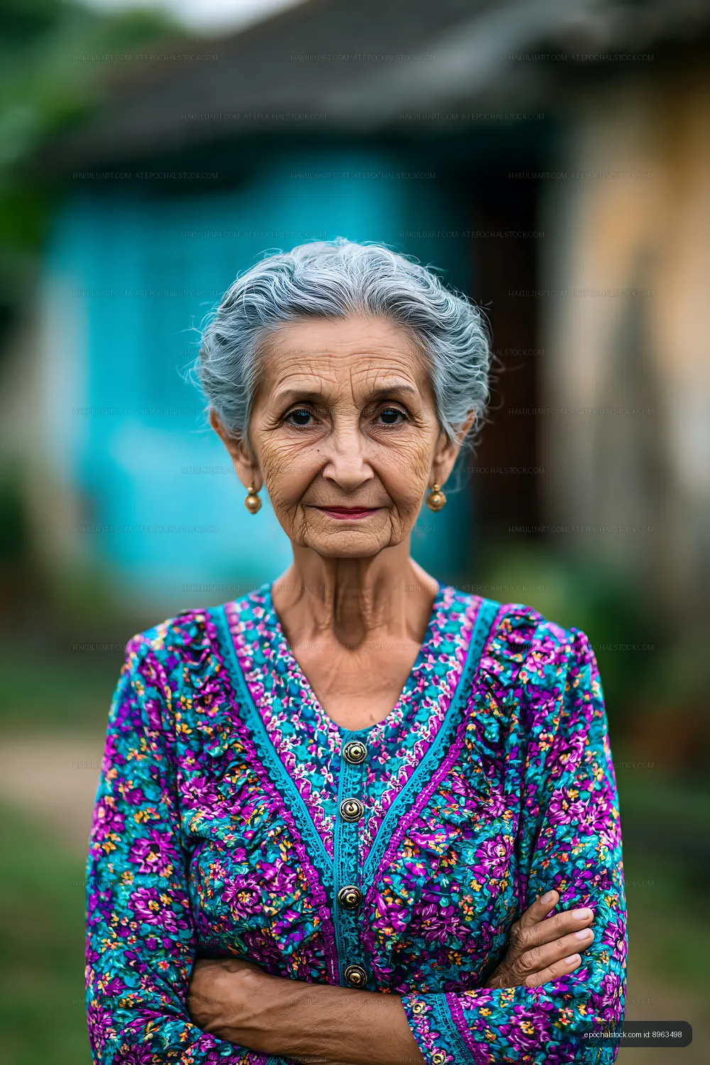 Elderly woman posing outdoors in traditional dress