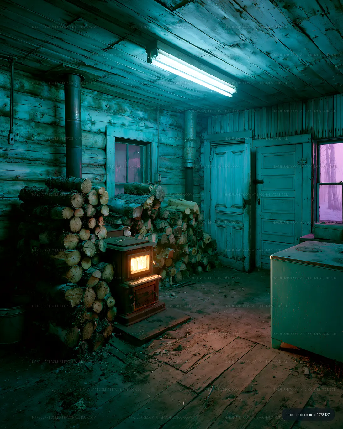 Moody wooden cabin interior with stove and stacked logs