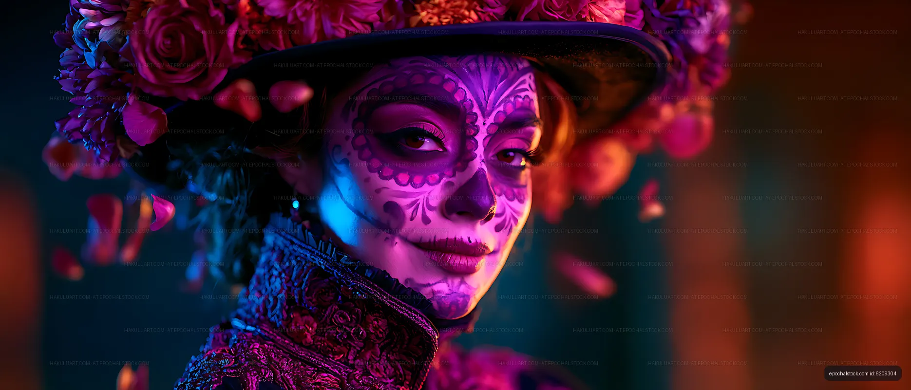 Artistic close portrait of woman with floral face paint