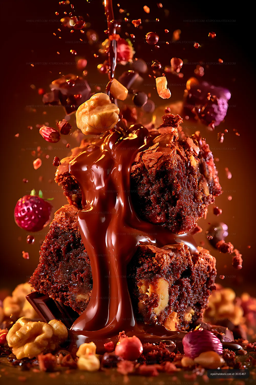Close-up chocolate cake with cascading sauce and scattered toppings
