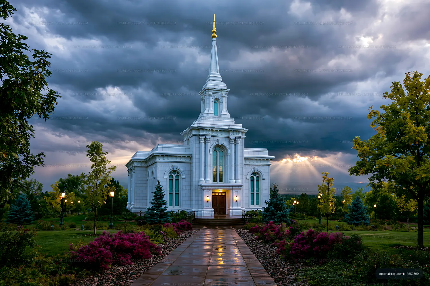 Elegant white temple after rainfall under a dramatic sky