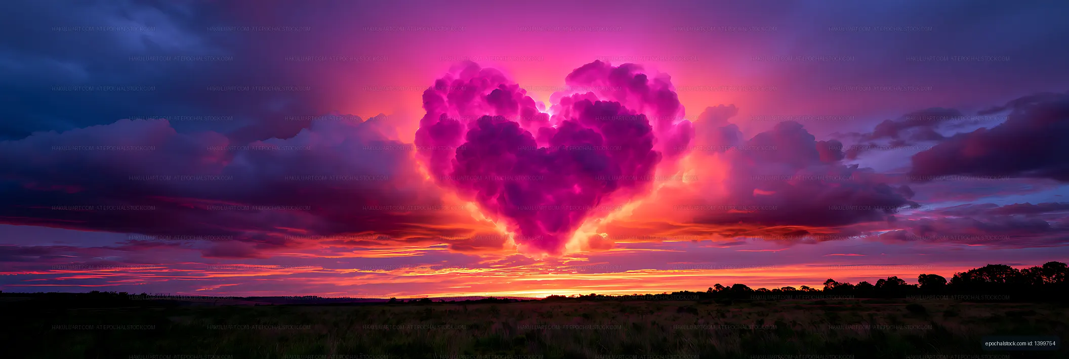 Magenta heart cloud over a vivid sunset field