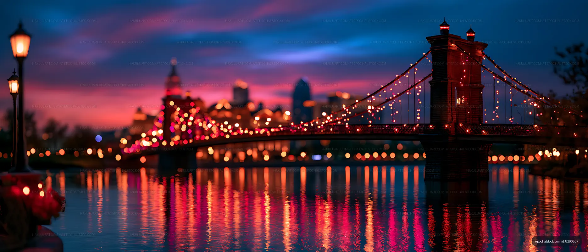 Suspension bridge lights reflected in a city river