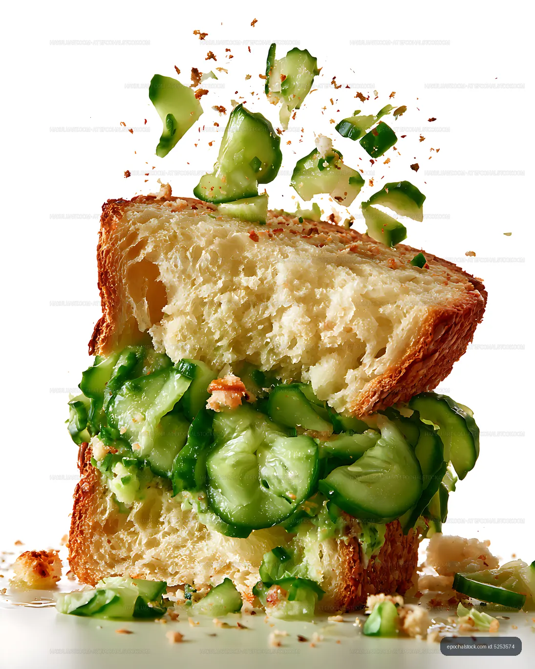 Rustic cucumber sandwich with scattered pieces and crumbs