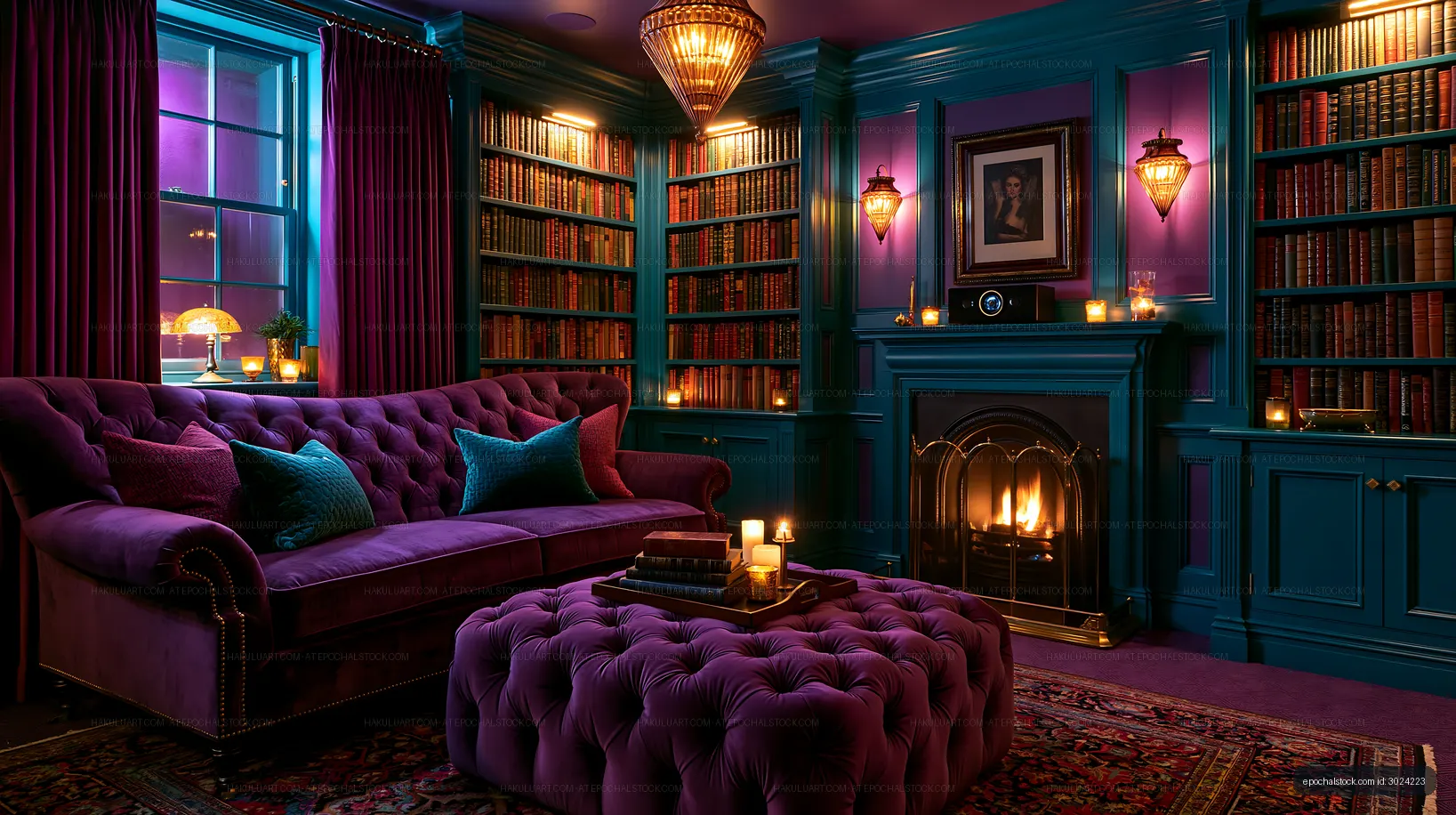 Moody jewel-toned library interior with fireplace and books