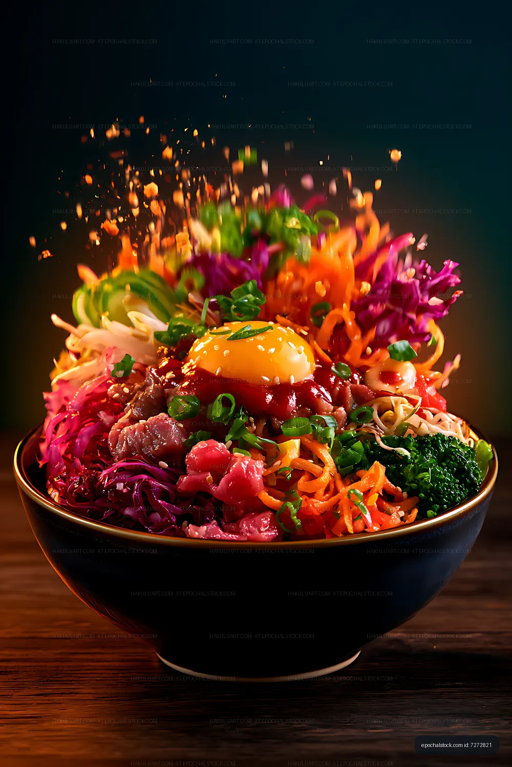 Colorful burger bowl topped with vegetables on a dark table