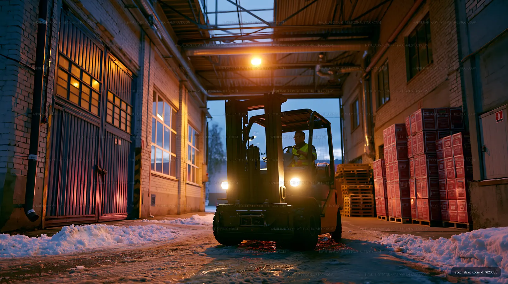 Forklift working in a snow-covered warehouse loading area