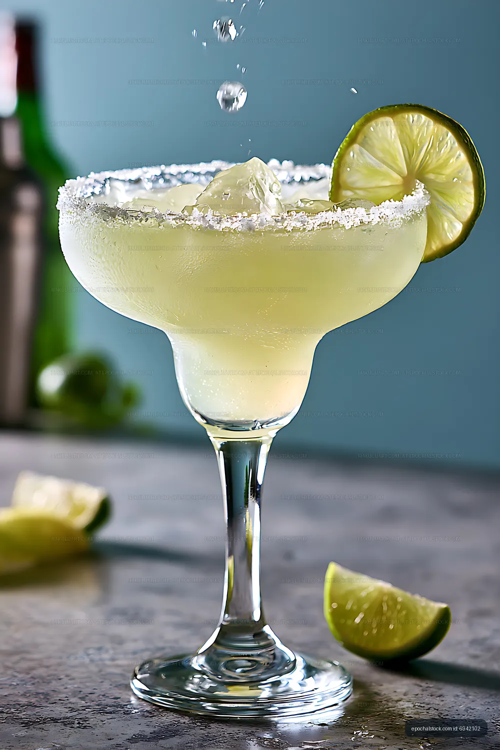 Salt-rimmed margarita cocktail with fresh lime
