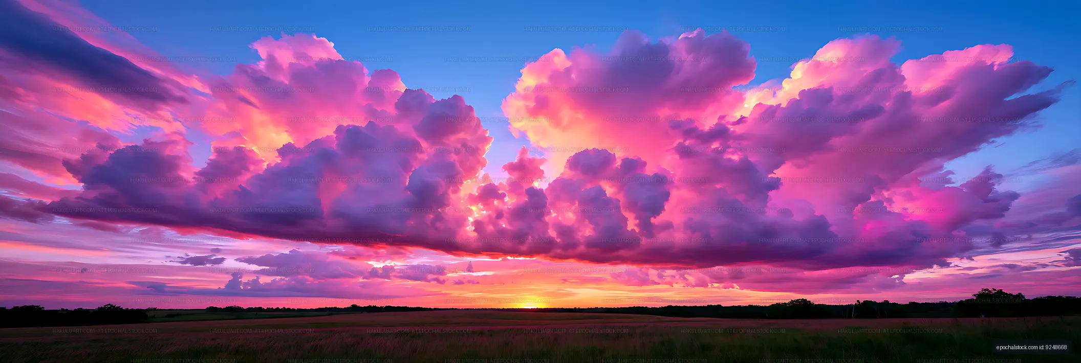 Dramatic colorful clouds over open farmland at sunset