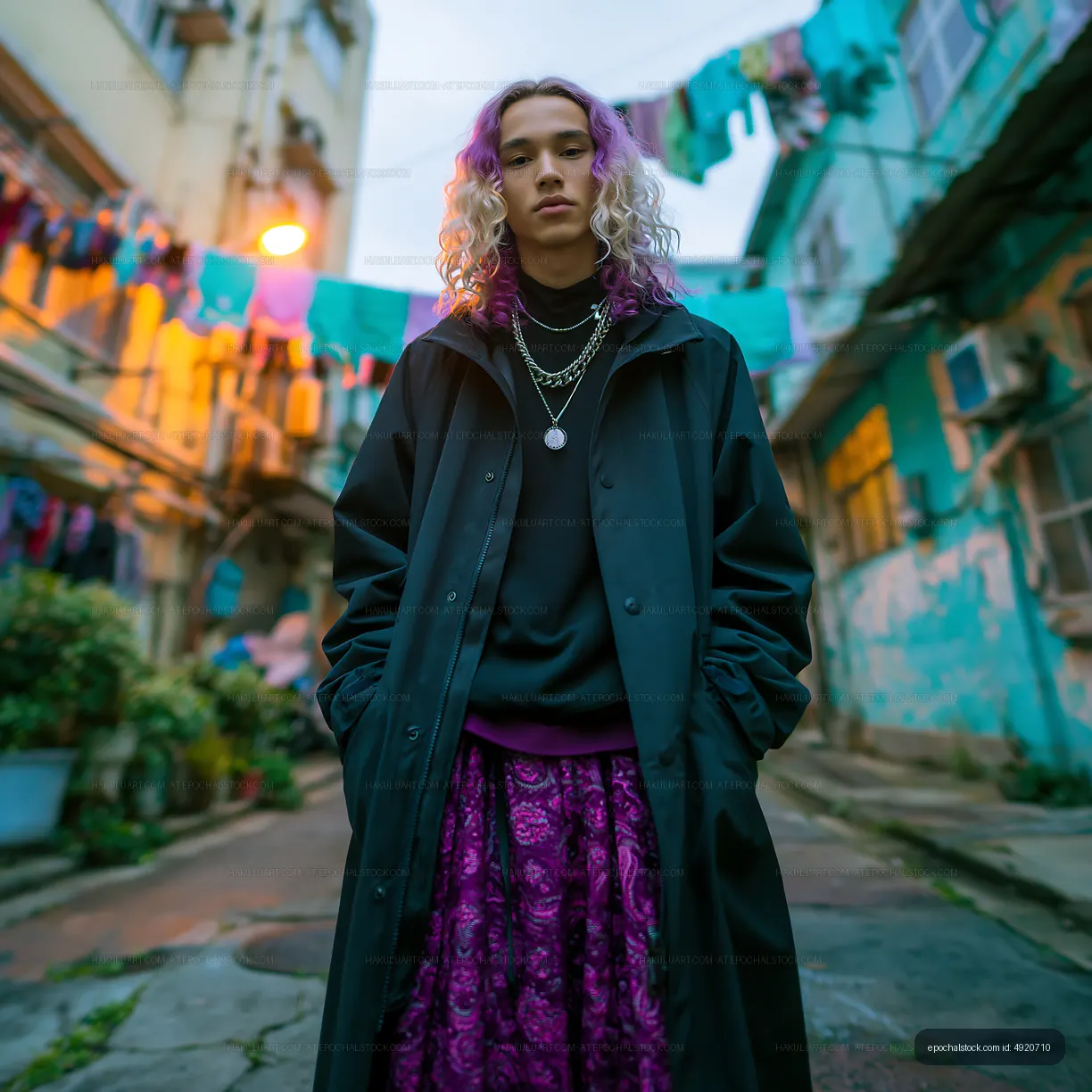 Colorful street fashion portrait with curly-haired young adult