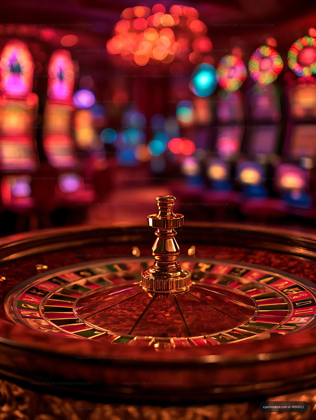 Decorative roulette wheel with vibrant bokeh background