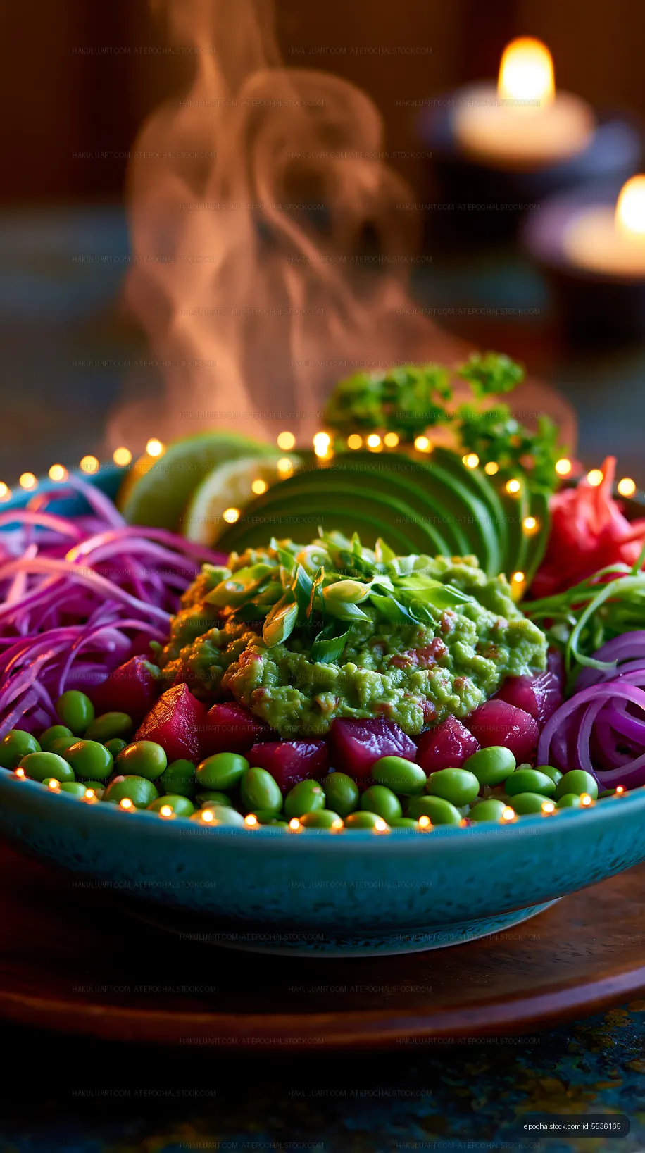 Guacamole and colorful vegetables on a blue platter