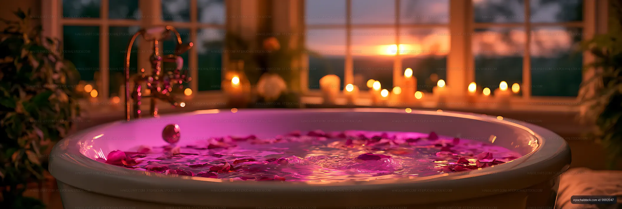 Candlelit bathtub with floating petals at sunset