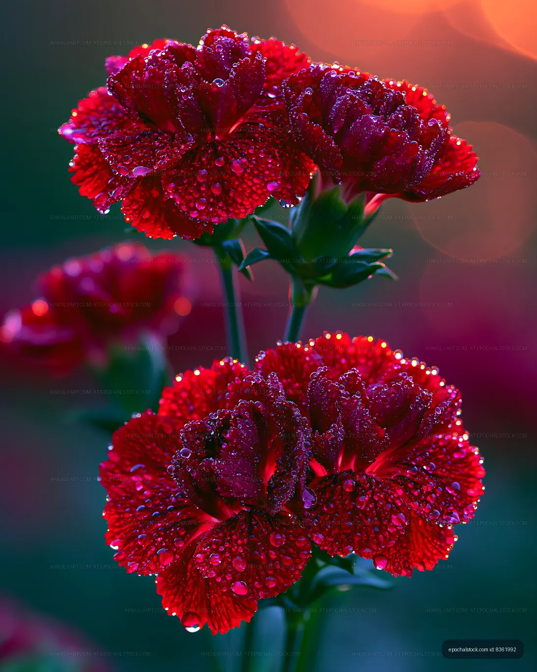 Red flowers with dew drops in a garden at sunset