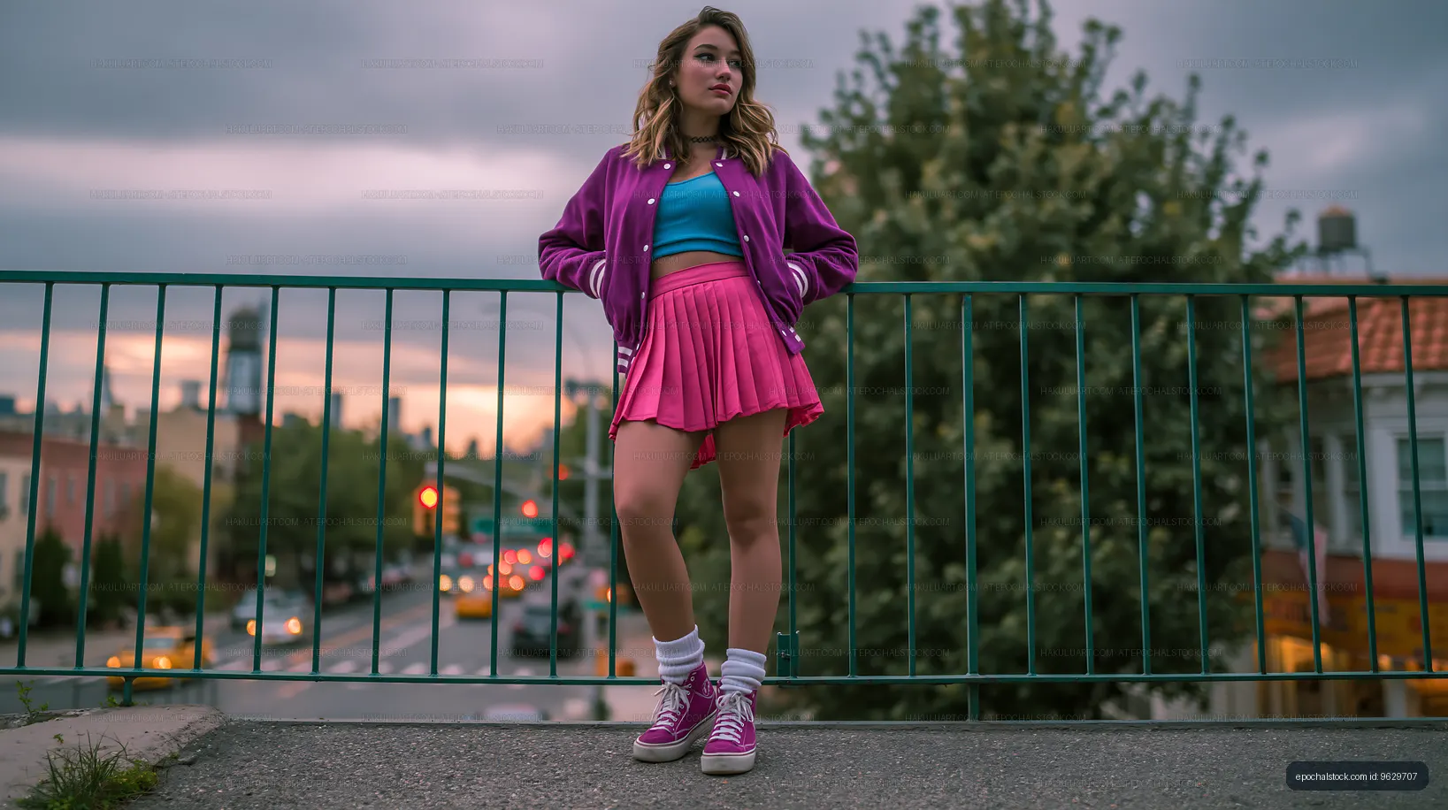 Young woman in vivid streetwear overlooking city traffic