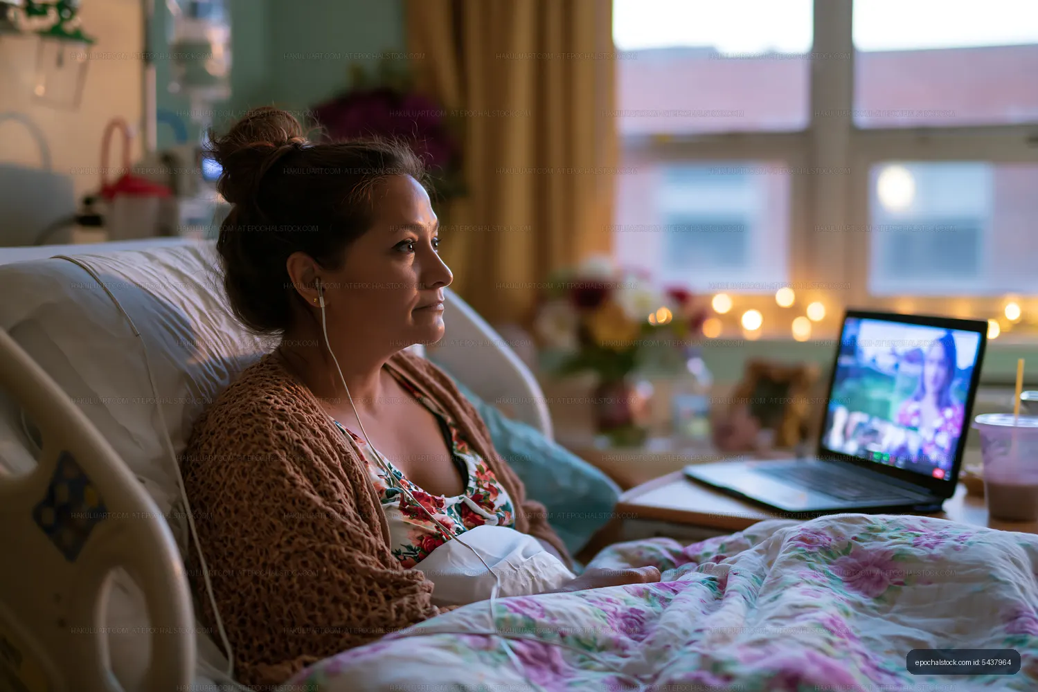 Woman listening to earphones beside a laptop in bed