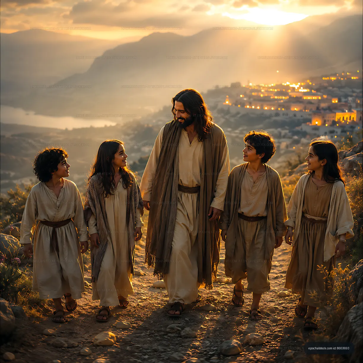Walking together at sunset with a group of children