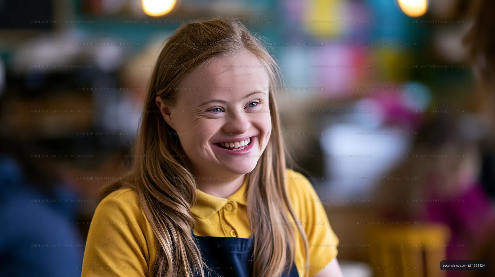 Joyful girl wearing yellow shirt and apron