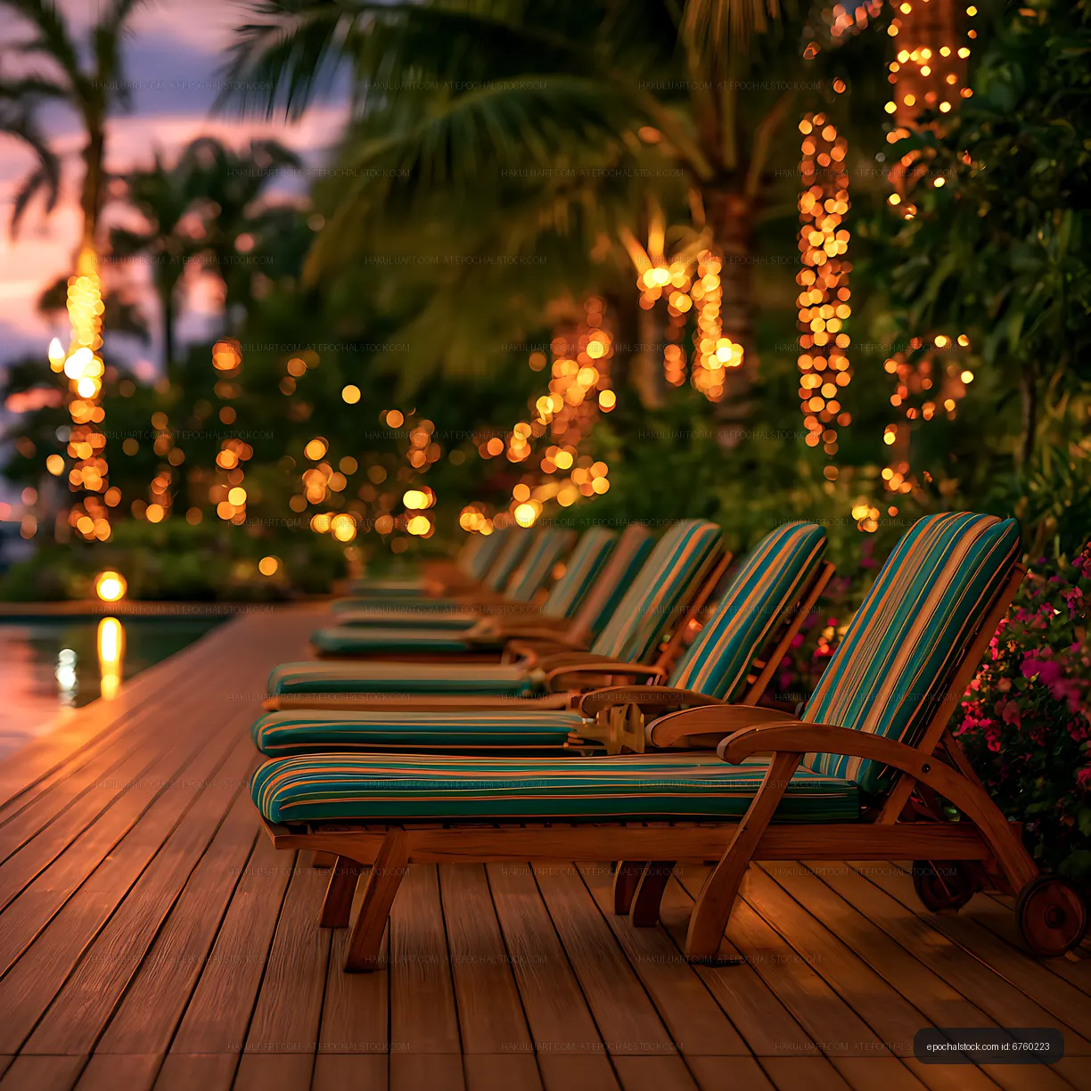 Striped sun loungers beside a warmly lit tropical pool