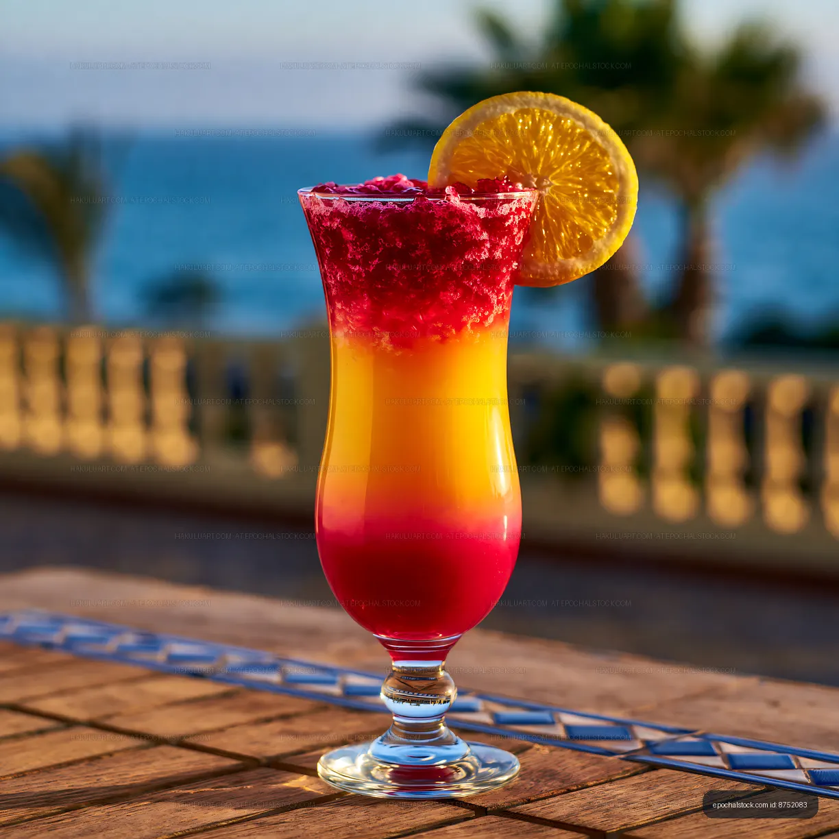 Vibrant layered fruit beverage on a poolside table
