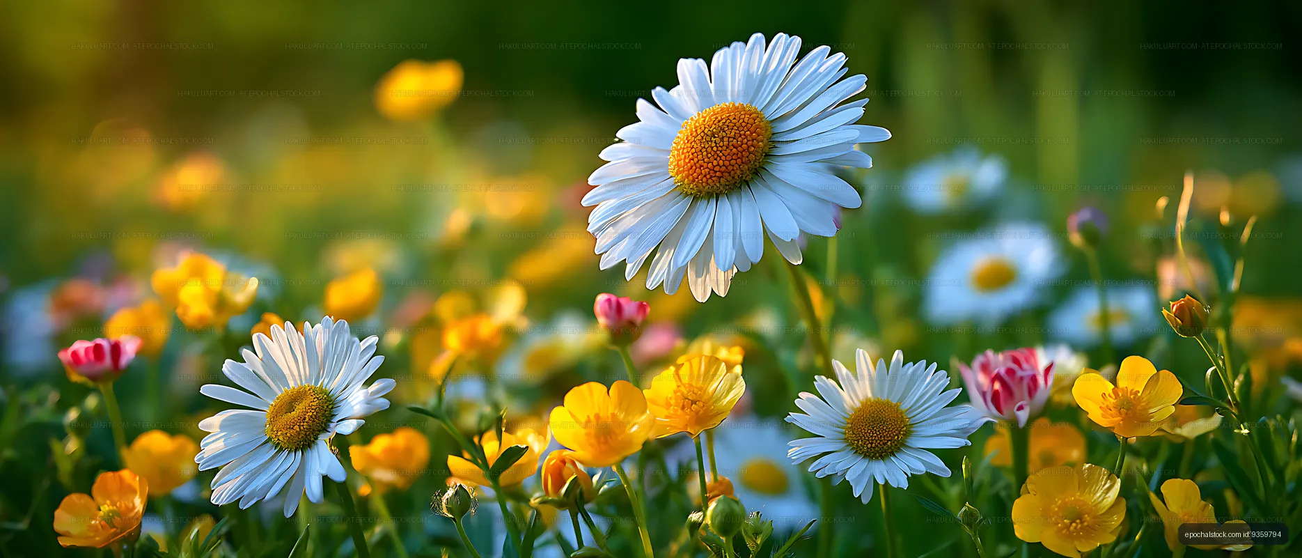 Close view of daisies in a colorful wildflower meadow