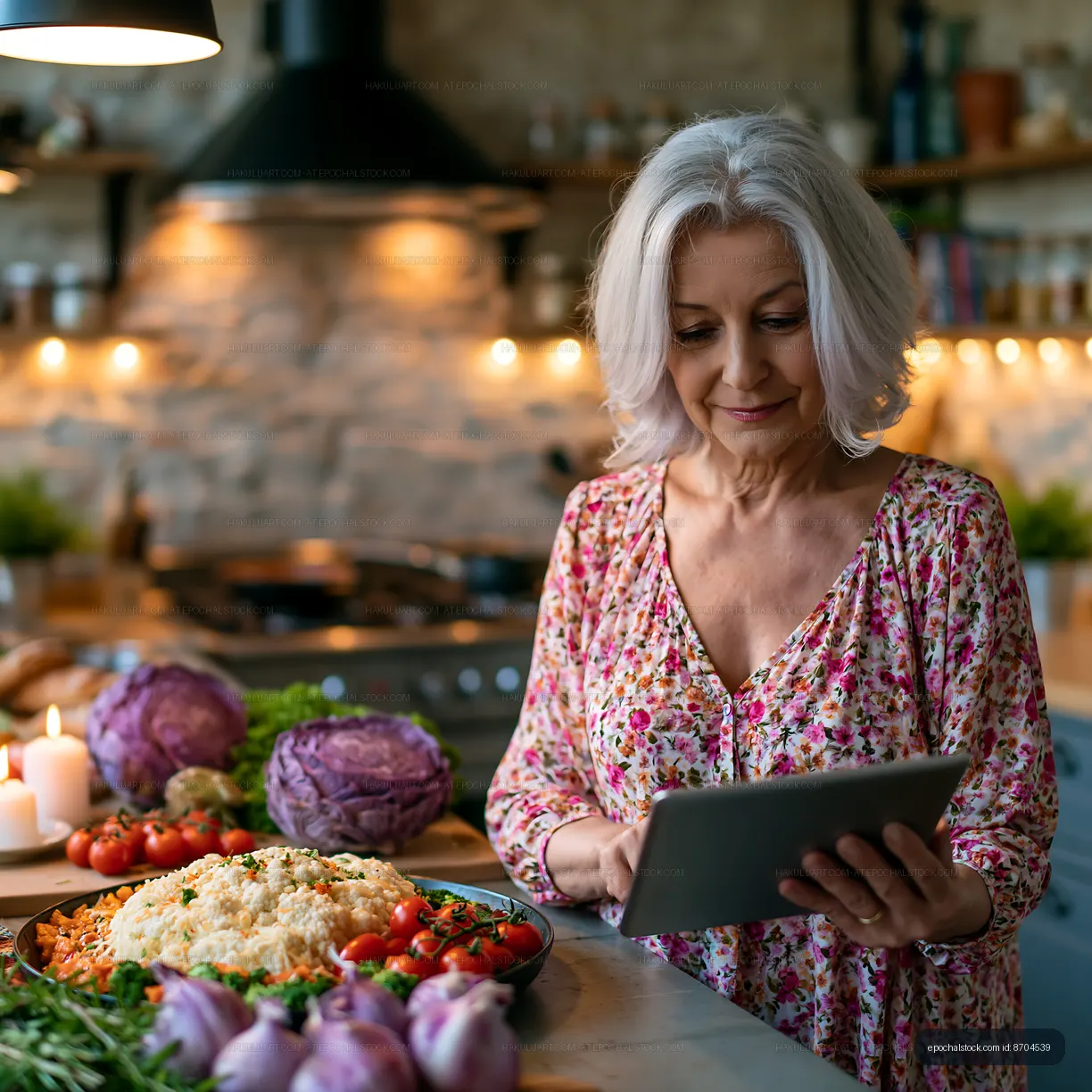 Mature woman using tablet beside food in kitchen