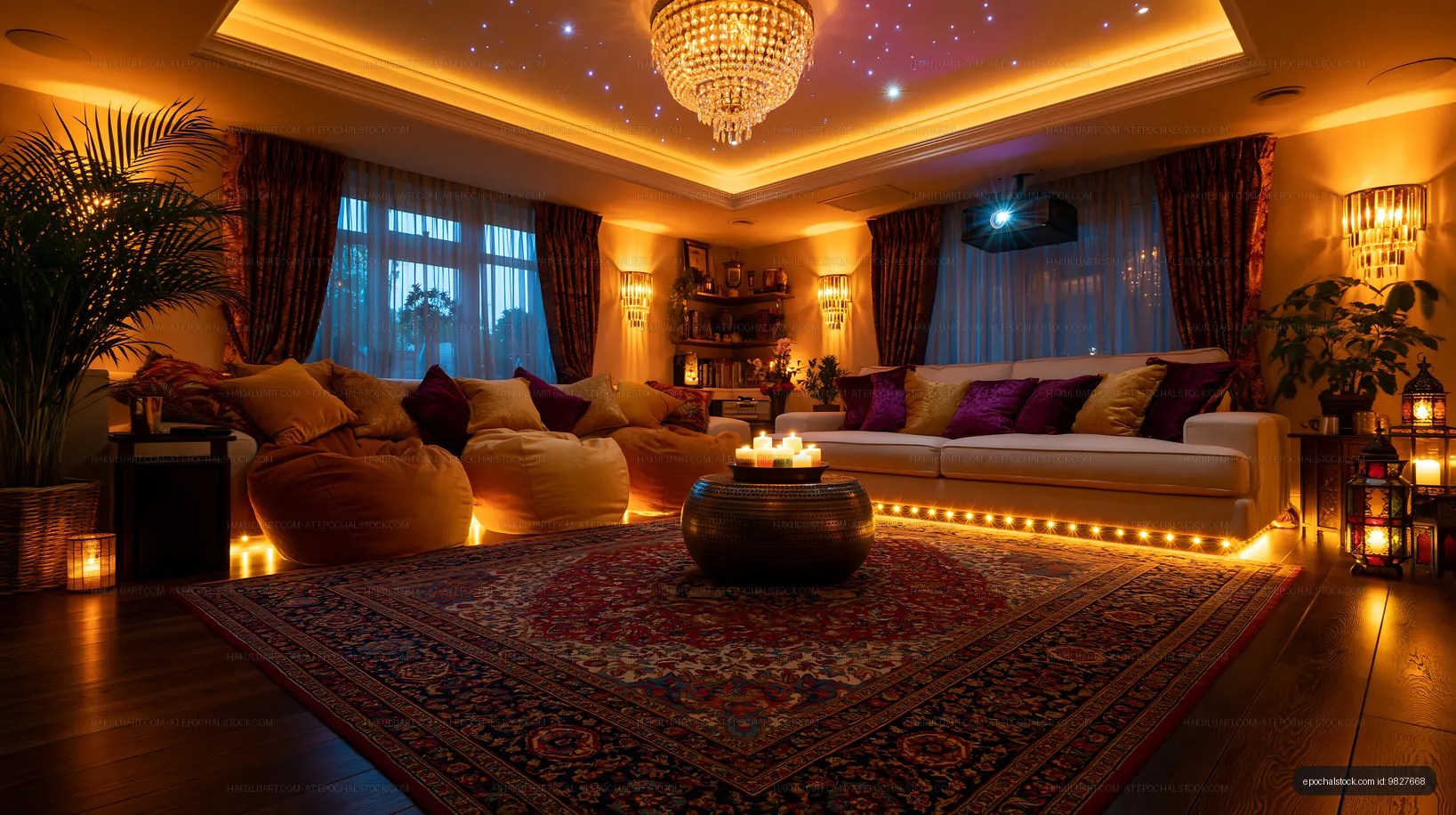 Warm luxurious lounge interior with sofas and decorative lighting