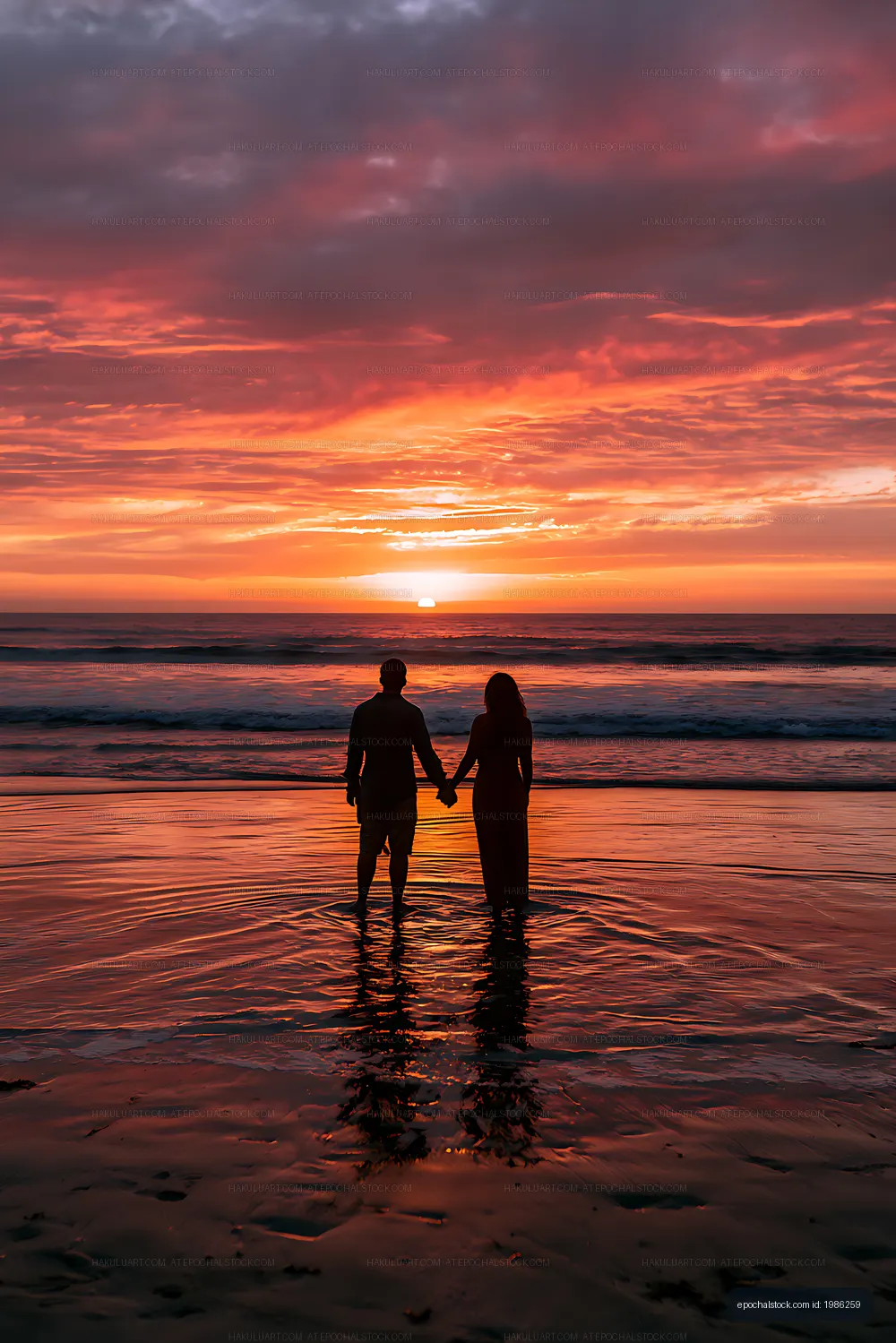 Romantic ocean sunset with couple holding hands