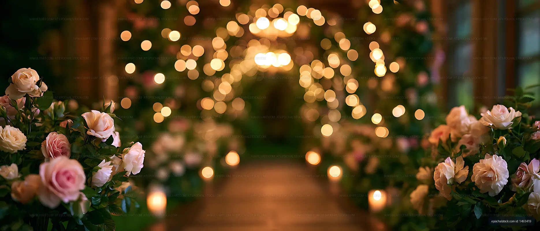 Elegant rose garden walkway illuminated at night
