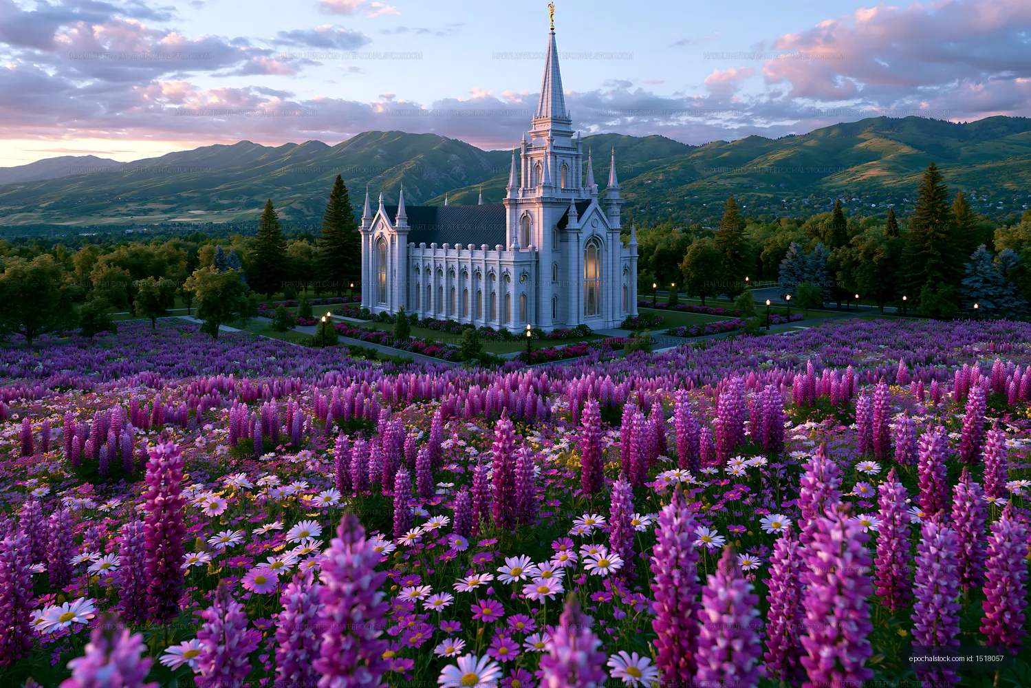 White spired temple among purple flowers and mountain scenery