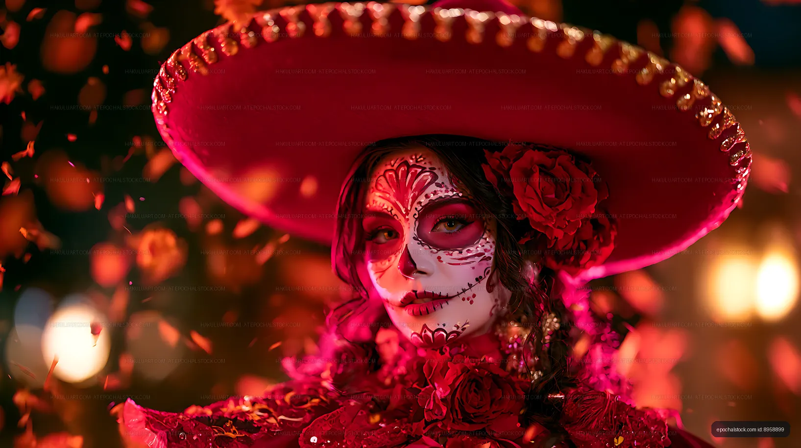 Dramatic close-up portrait with skull makeup and red sombrero