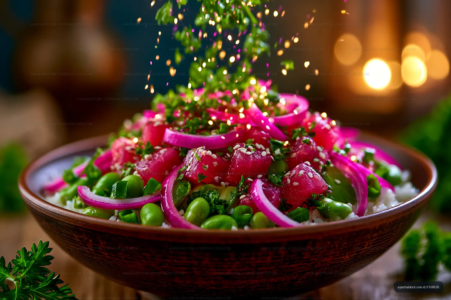 Dragon fruit salad with peas, herbs, sesame, and pickled onion
