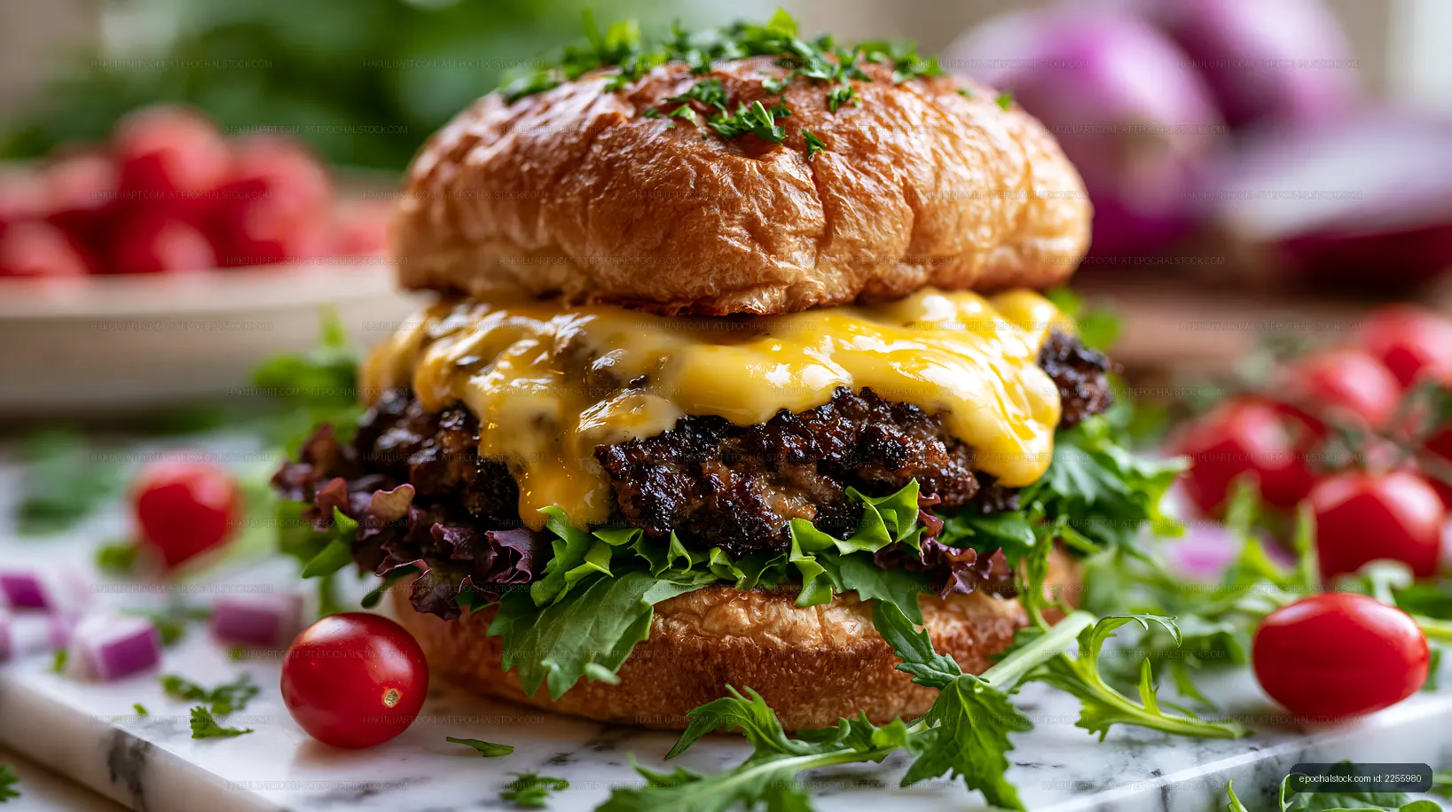 Gourmet cheeseburger topped with melted cheese and fresh greens