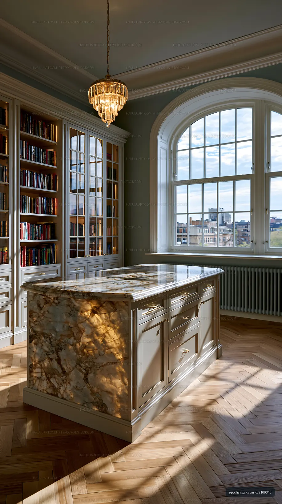 Classic kitchen interior with marble island and city view