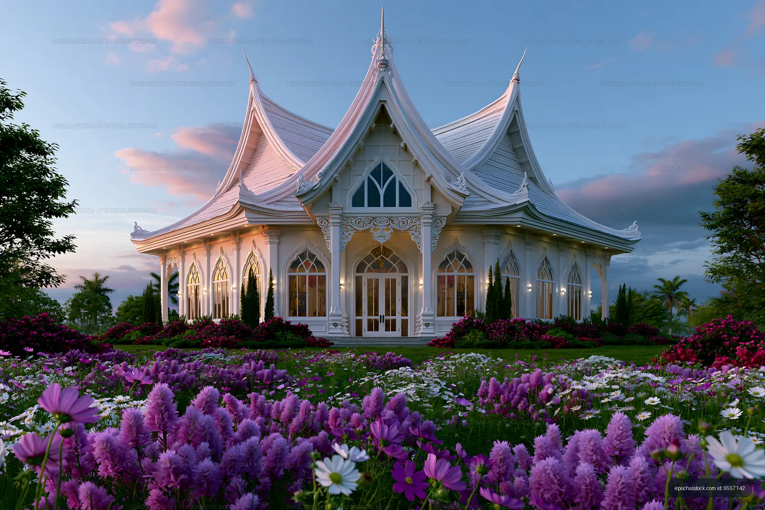 White ornamental pavilion framed by vibrant flowers
