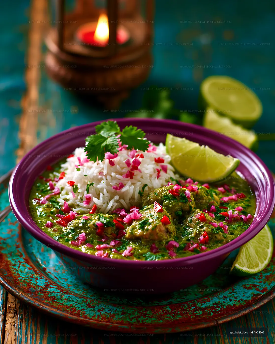 Green Curry with Rice, Herbs, Garnish, and Lime