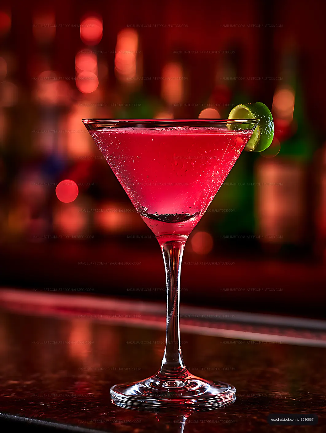 Red lime-garnished cocktail in an elegant martini glass