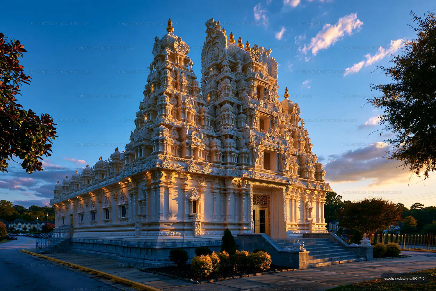 Detailed Hindu temple facade under a colorful sunset sky