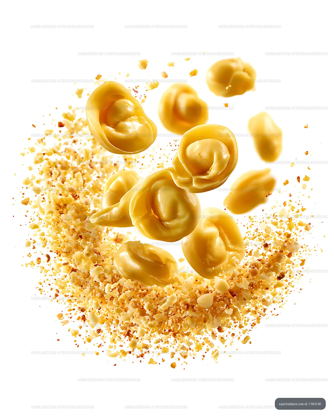Golden tortellini suspended above crunchy crumbs