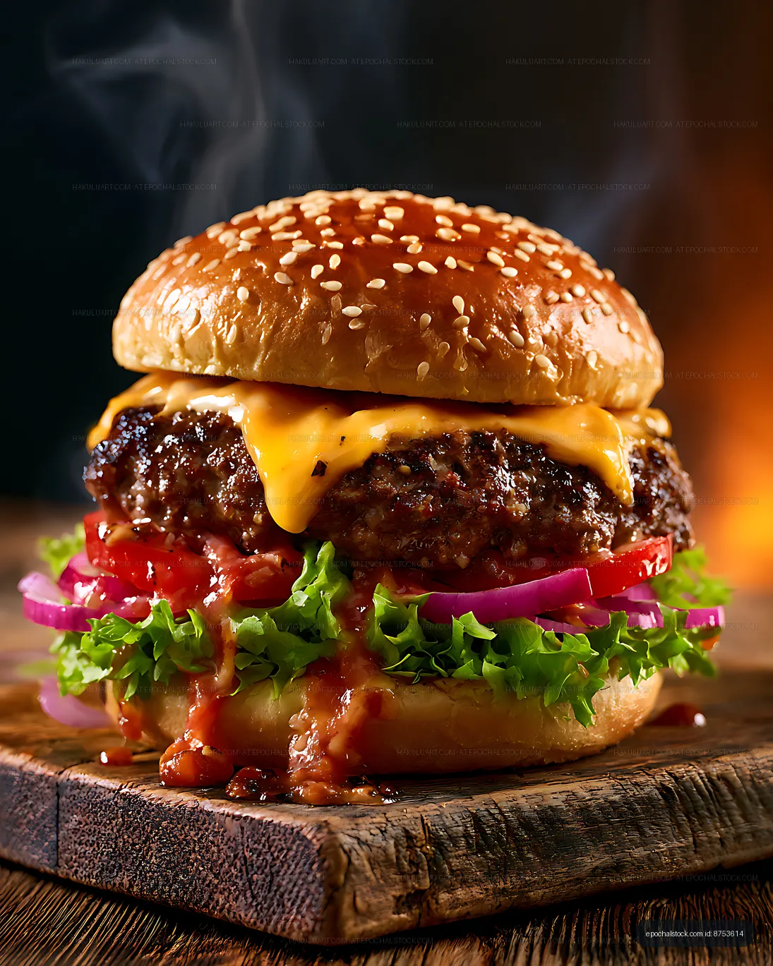 Close-up gourmet burger on a rustic wooden board