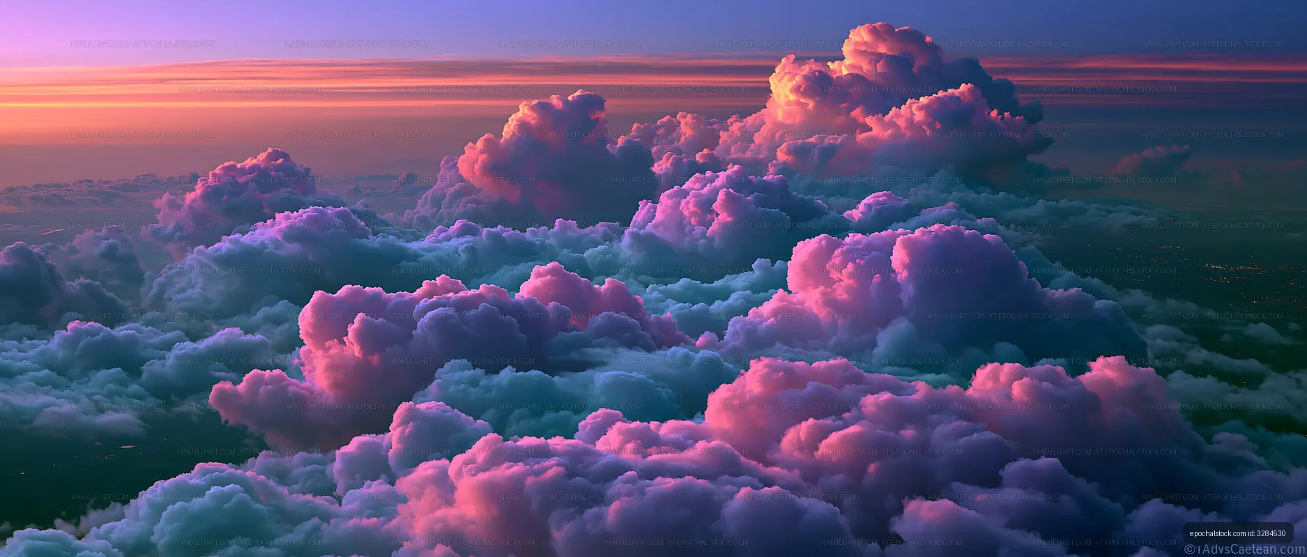 Aerial view of glowing clouds at sunset