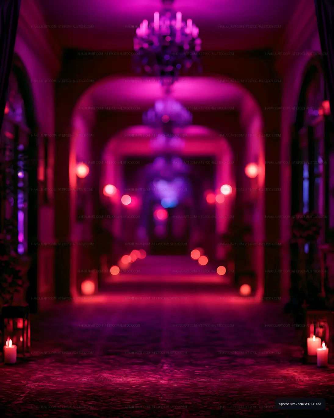 Romantic purple-lit aisle with candles and floral arches