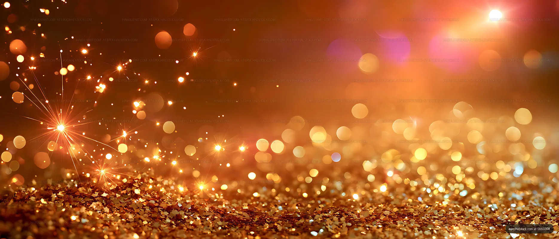 Festive golden confetti with glowing bokeh and sparkles