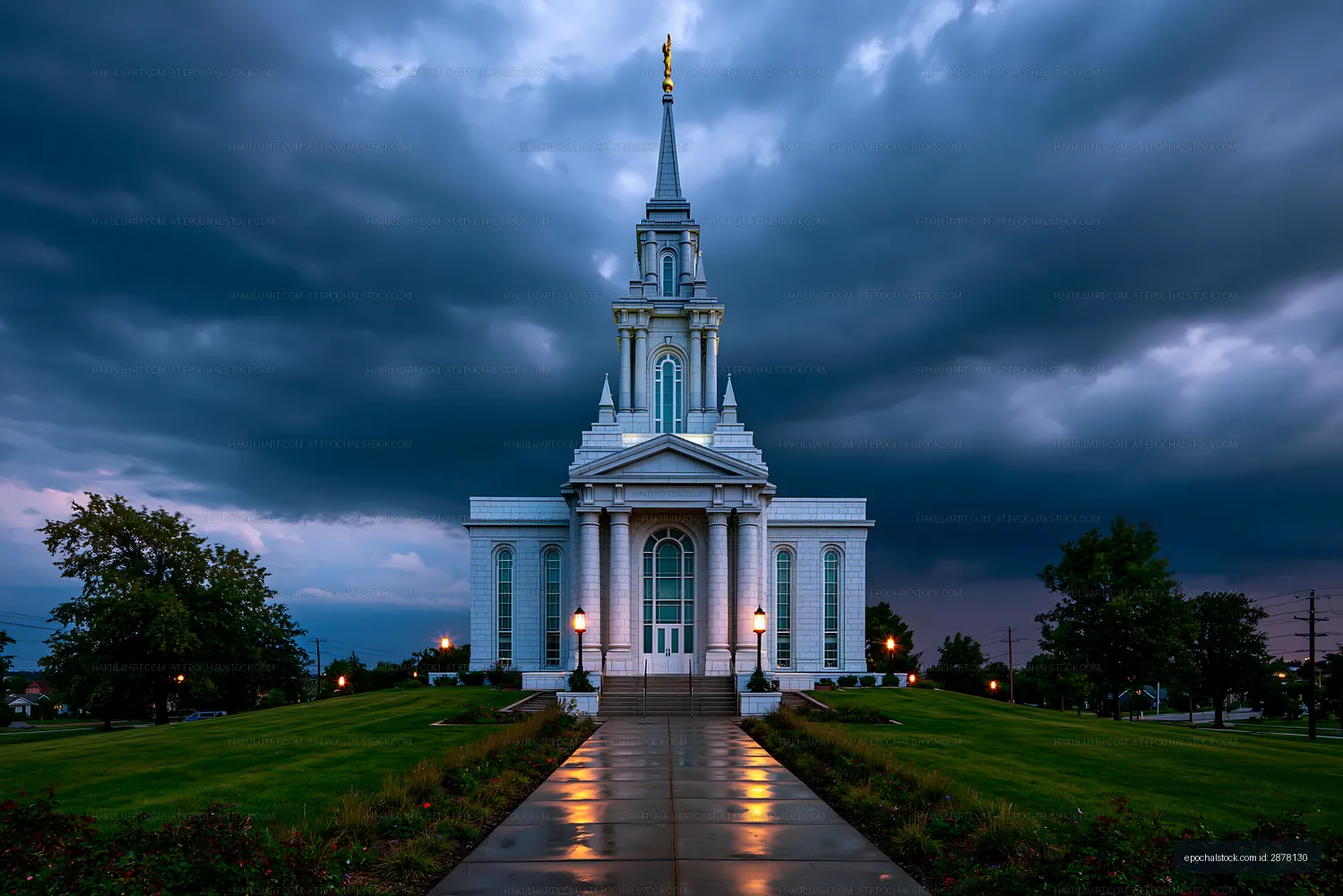 Symmetrical white temple and reflective walkway in storm light