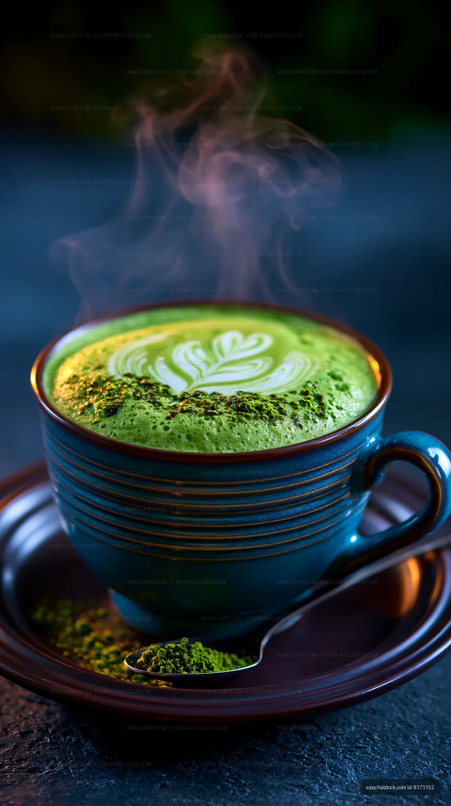 Matcha latte in blue cup with steam and green froth