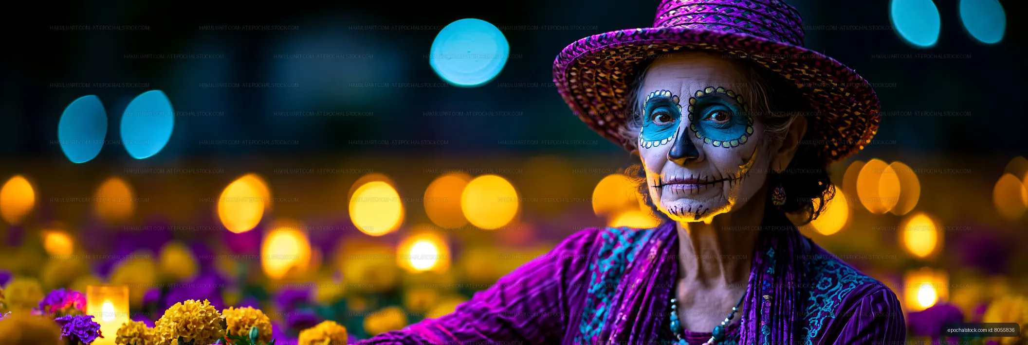 Colorful evening portrait with calavera makeup, flowers, and candles