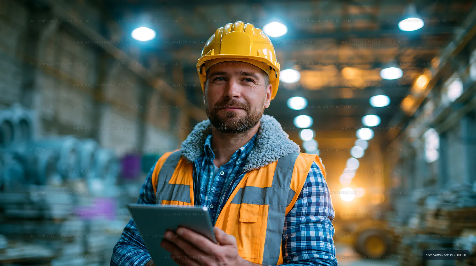 Construction worker with tablet in industrial building